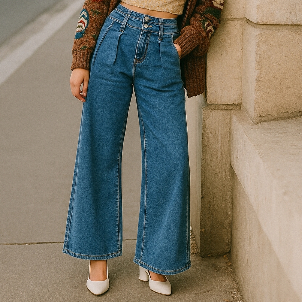 RISEN Baggy Mid-Rise Pleated Palazzo Double Button Pants Wide Leg Denim Jeans